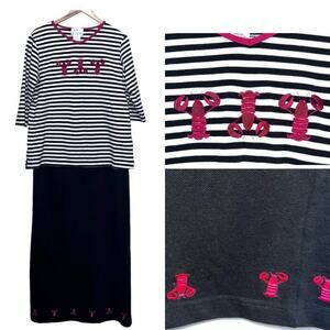 Vintage Quacker Factory Lobster Embroidered Striped Pique Knit Top Skirt Set MED